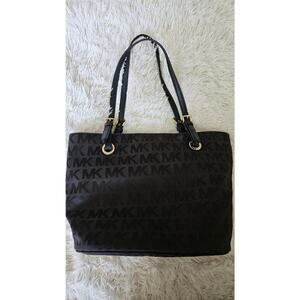 Michael Kors Black Canvas Tote Bag,‎ gold hardware, leather straps